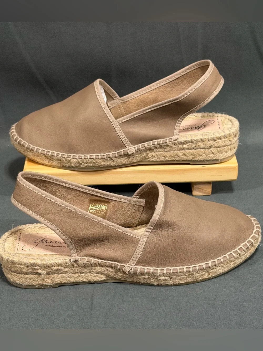 Gaimo Leather Slingback Espadrilles Low Wedge Handmade Spain Taupe EU36 US 5.5 6